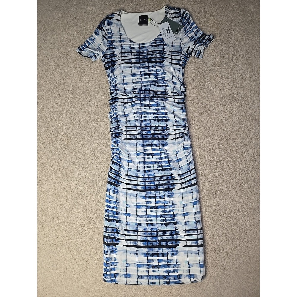 NWT Lysse Blue Scoop Neck Bodycon Ruched Stretch Midi Dress Medium